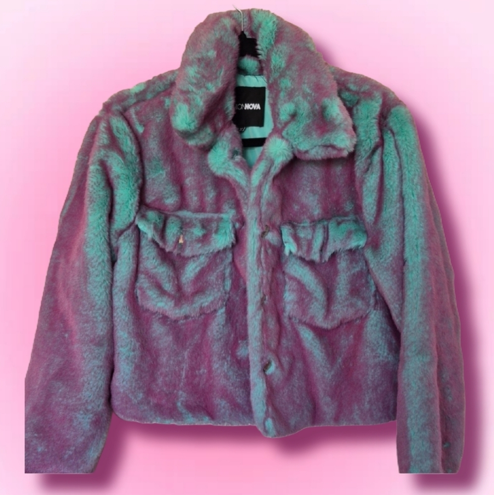Fashion Nova Fuzzy Jacket in Pink and Green
